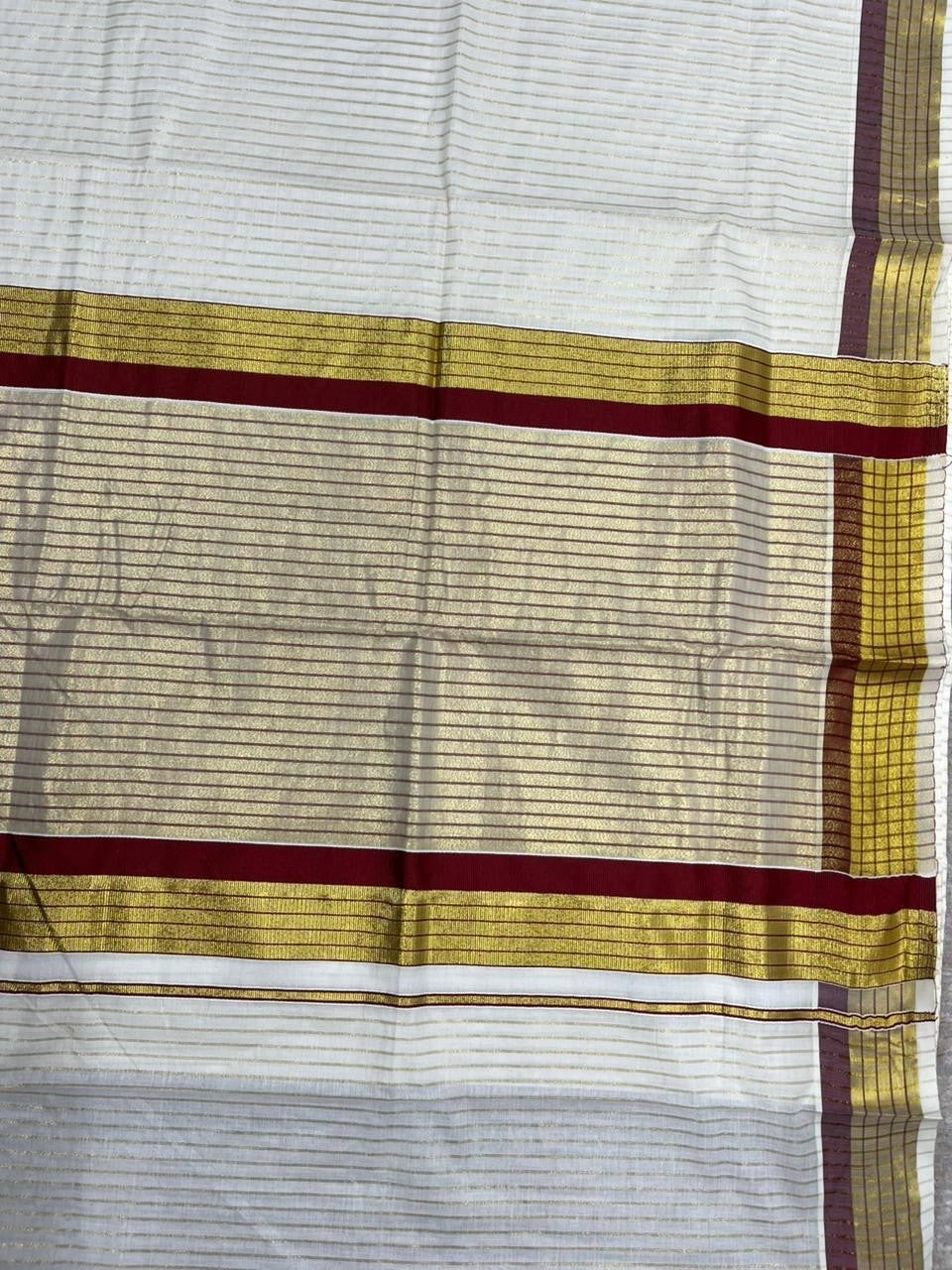 Southloom Kerala Pure Cotton Saree with Stripes on Body and Borders in Maroon SL334