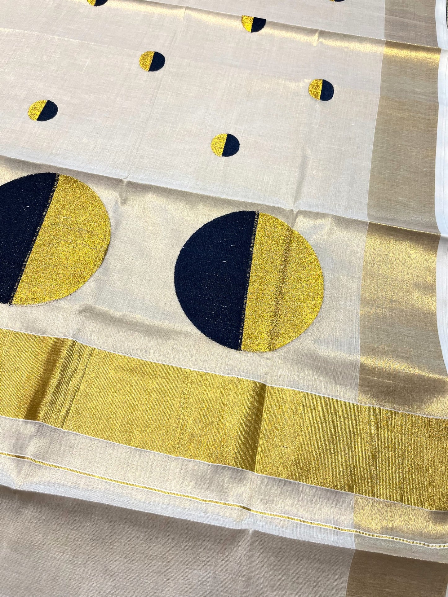 Southloom Kerala Tissue Kasavu Saree With Blue Polka Dots Embroidery on Body