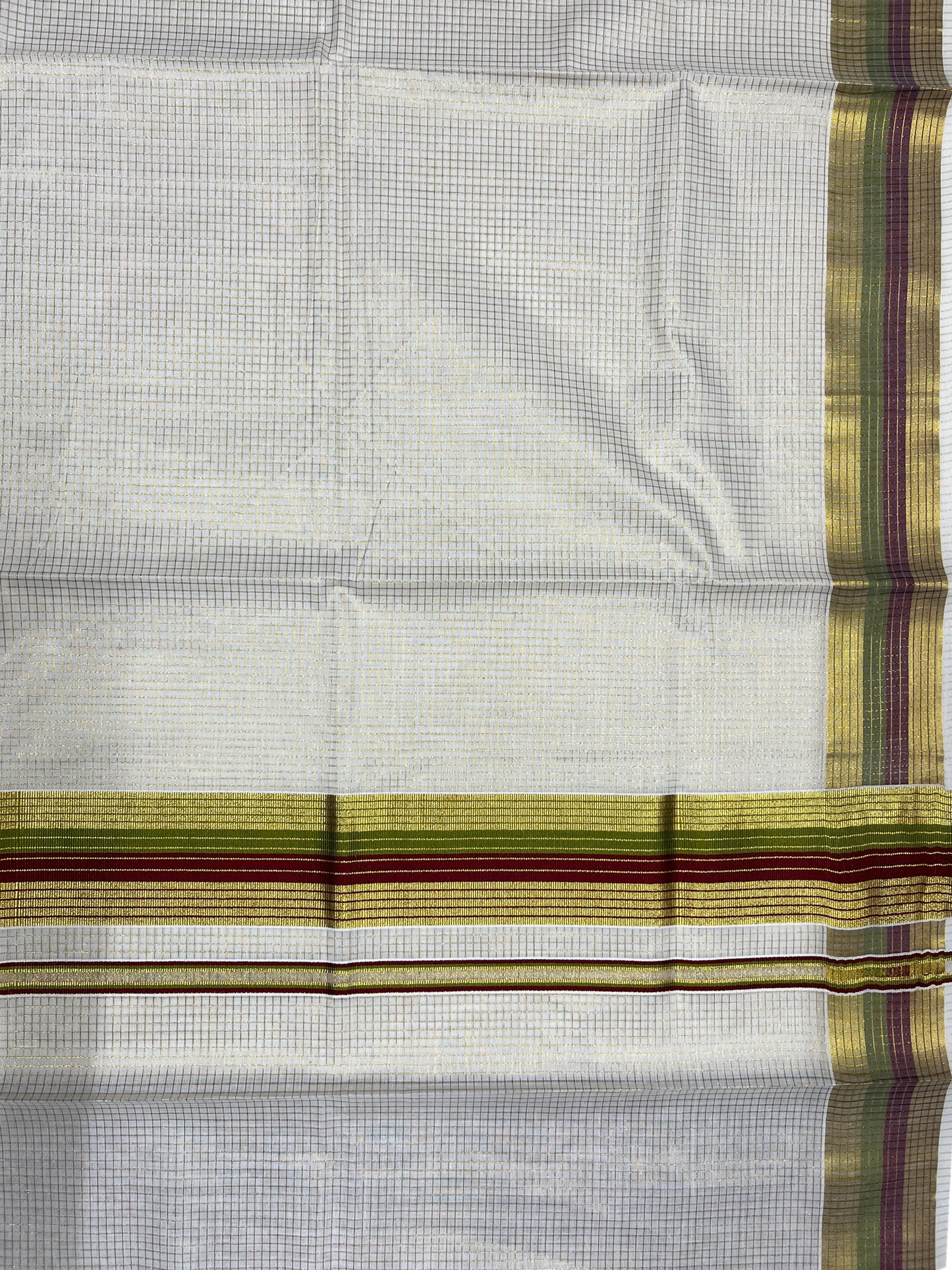 Southloom Kerala Cotton Kasavu Saree with Micro Check Design on Body in Maroon & Olive Green Border