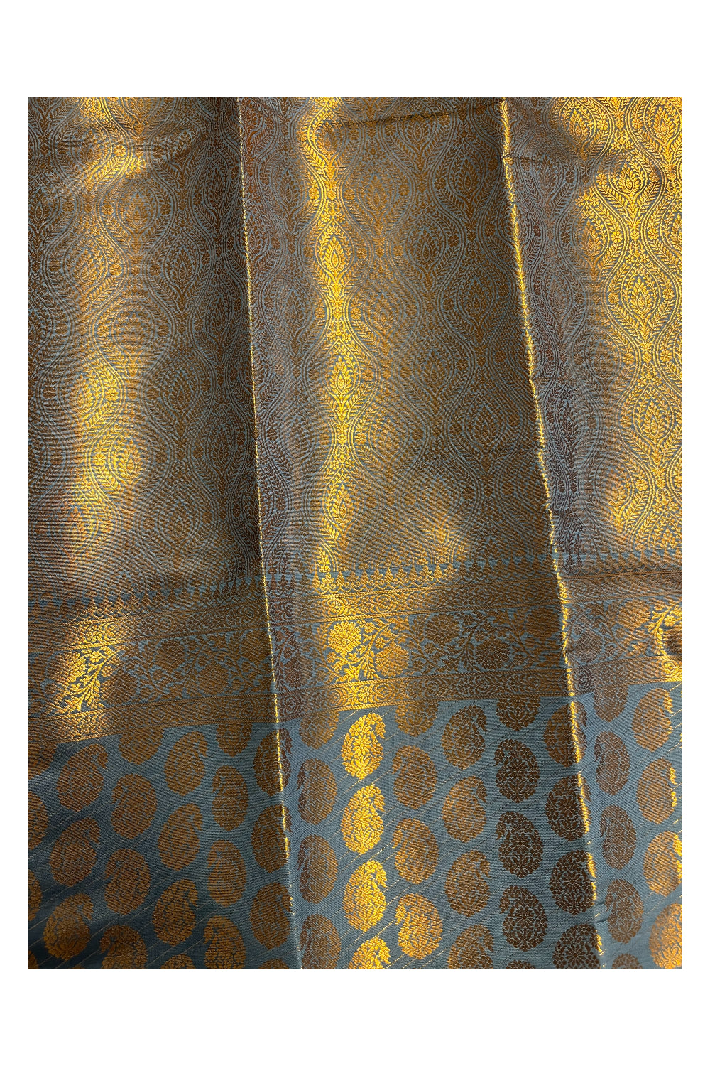 Southloom Banarasi Silk Brocade Bridal Saree WIth Woven Borders And Blouse Piece in Gold And Blue
