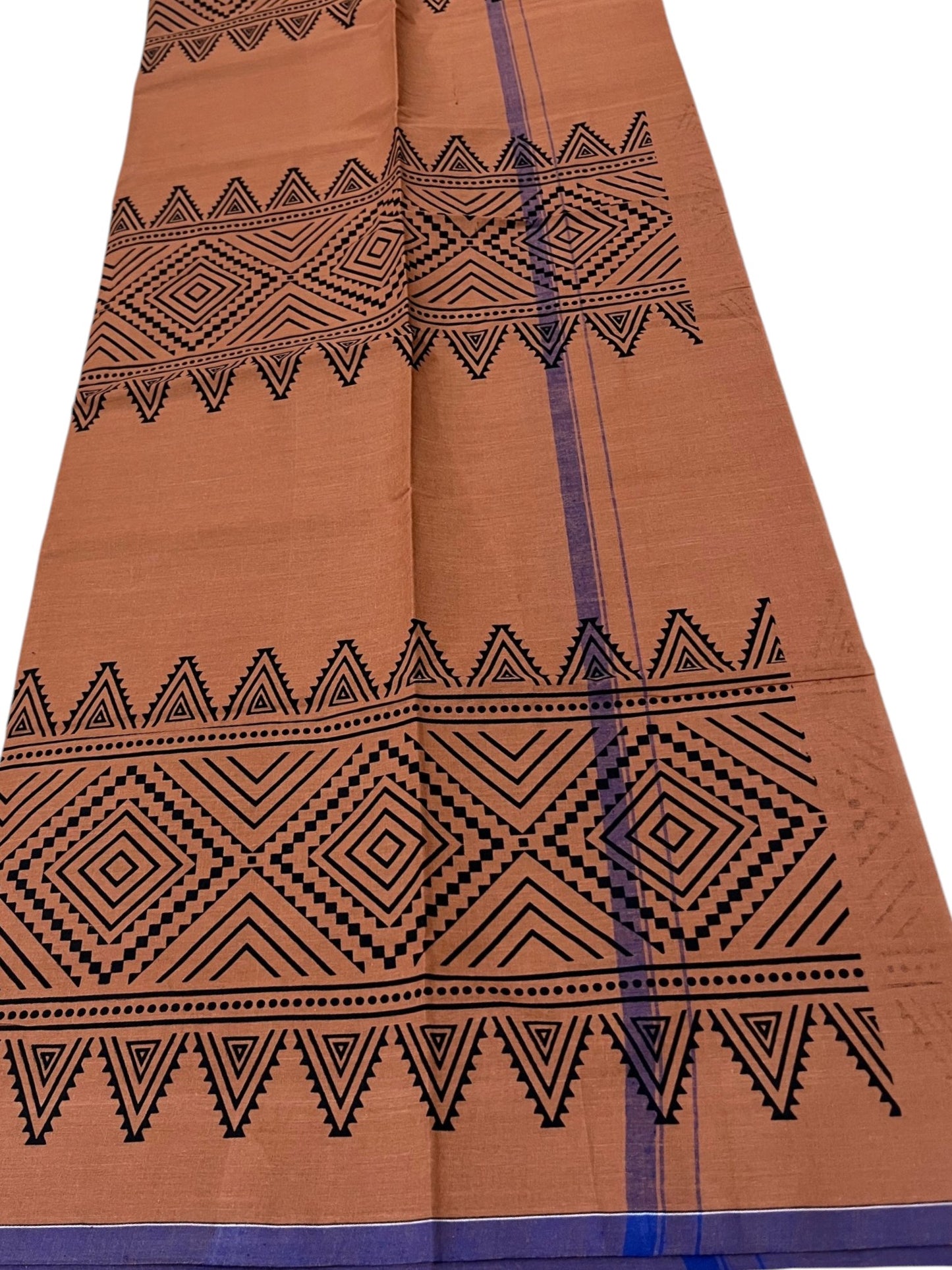Southloom Saffron (Kaavi) Black Printed Single Mundu / Lungi (South Indian Kerala Dhoti) SL319