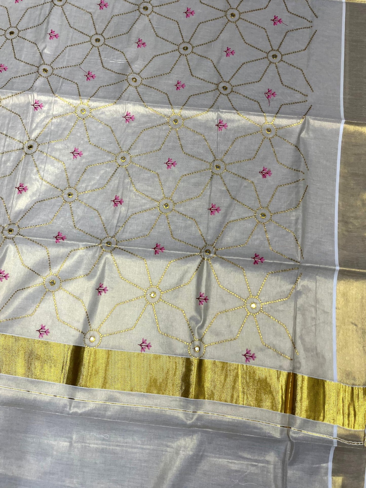 Southloom Kerala Tissue Kasavu Saree with Floral Embroidery Work on Body in Pink