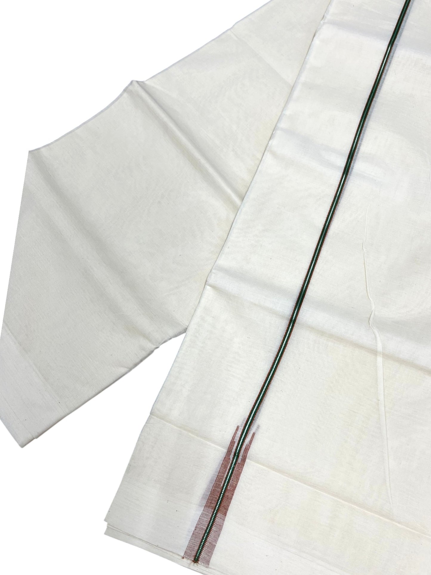 Kerala Pure Cotton Double Mundu with Brown & Green And Silver Chutti Kara (South Indian Kerala Dhoti)