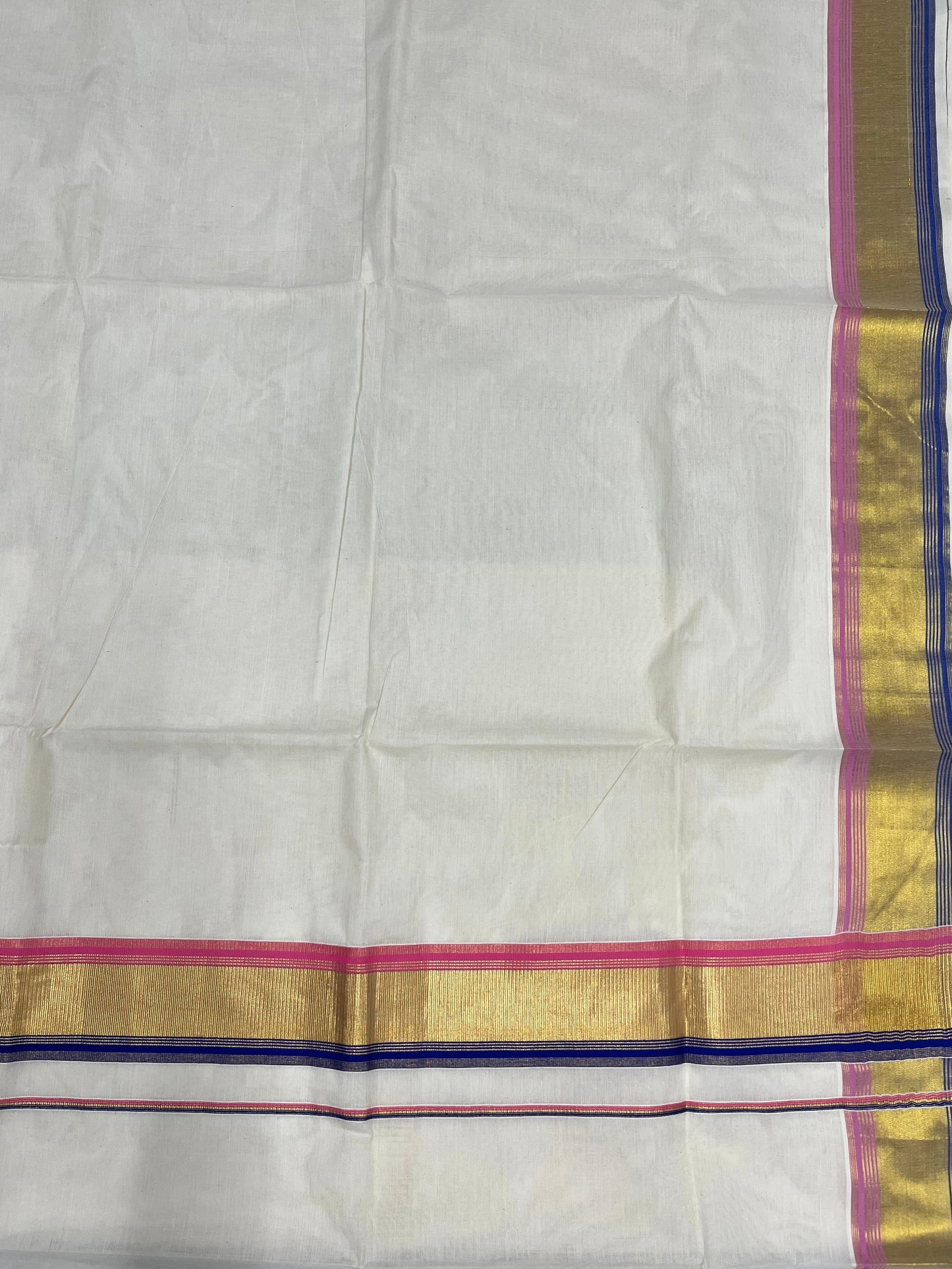 Southloom Kerala Cotton Kasavu Saree with Blue And Pink Border