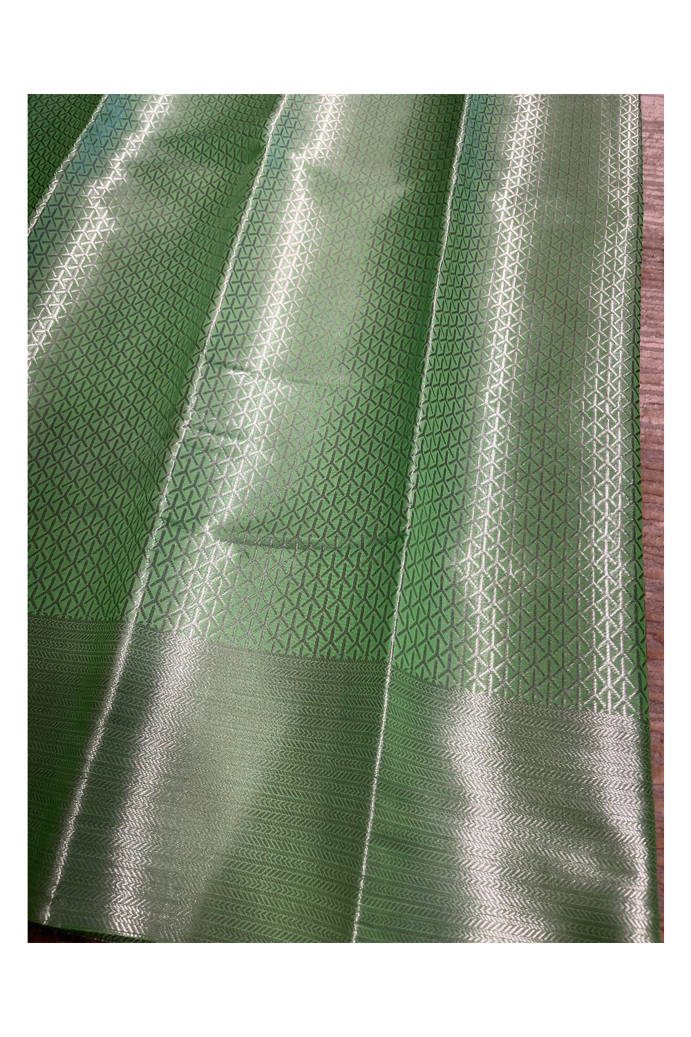 Southloom Banarasi Silver Zari Brocade Work Silk Saree in Green Pastel Shade