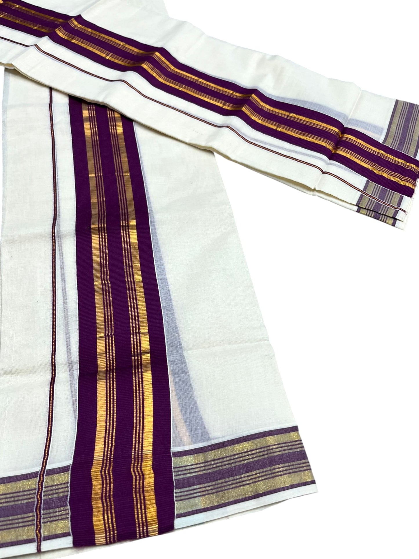 Southloom Kerala Cotton Kasavu Set Mundu (Mundum Neriyathum) with Kasavu and Purple Border 2.80 Mtrs SLKK