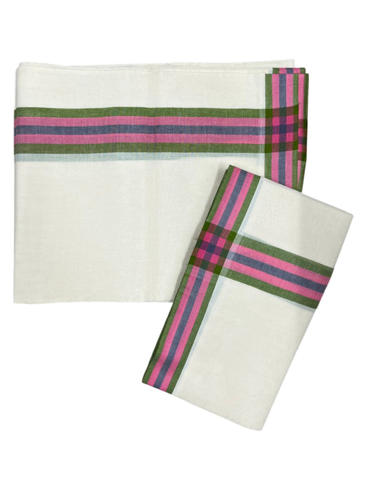 Southloom Pure Cotton Kerala Single Mulloth Set Mundu (Mundum Neriyathum) Pink & Green Border 2.50 Mtrs SL243