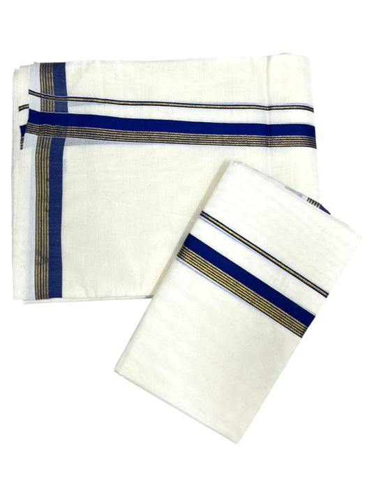 Pure Cotton Kerala Single Set Mundu (Mundum Neriyathum) with Blue Kasavu Border in 2.80 Mtrs SL394