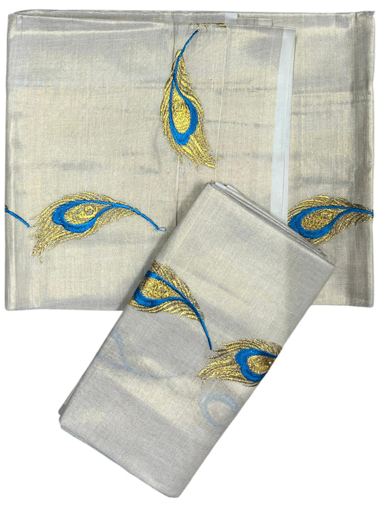 Southloom Kerala Tissue Kasavu Single Set Mundu (Mundum Neriyathum) Blue and Golden Feather Embroidery Work