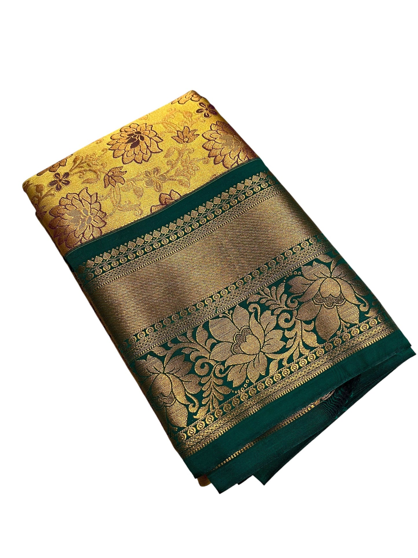 Southloom Banarasi Semi Silk Saree with Floral Zari Work Across Body (Yellow & Green)