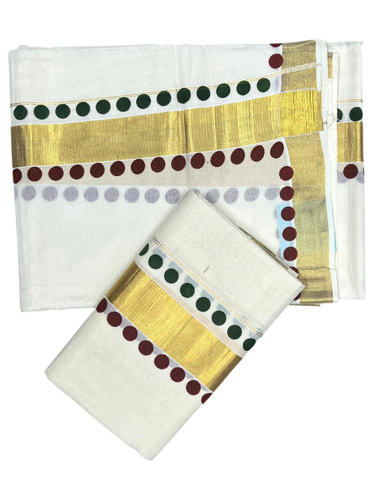Southloom Kerala Cotton Kasavu Single Set Mundu (Mundum Neriyathum) with Maroon And Green Polka Dots Border SLKK