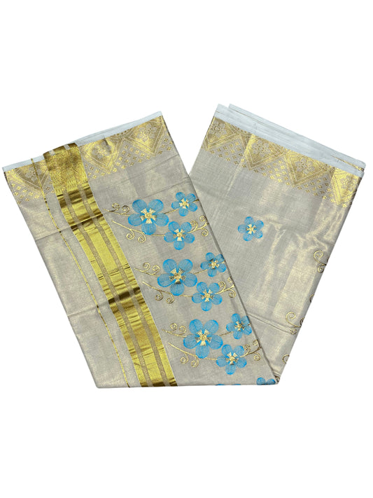 Southloom Kerala Tissue Kasavu Saree with Blue Floral Embroidery Work on Body