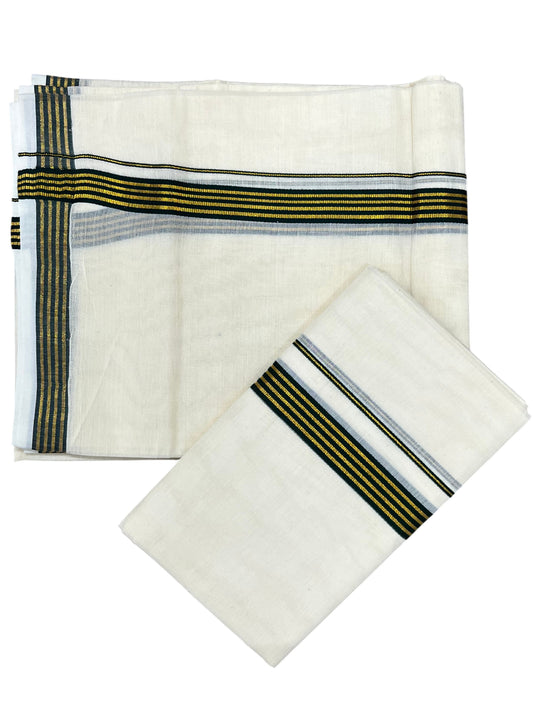 Southloom Pure Cotton Kerala Single Set Mundu (Mundum Neriyathum) with Green Kasavu Border in 2.80 Mtrs