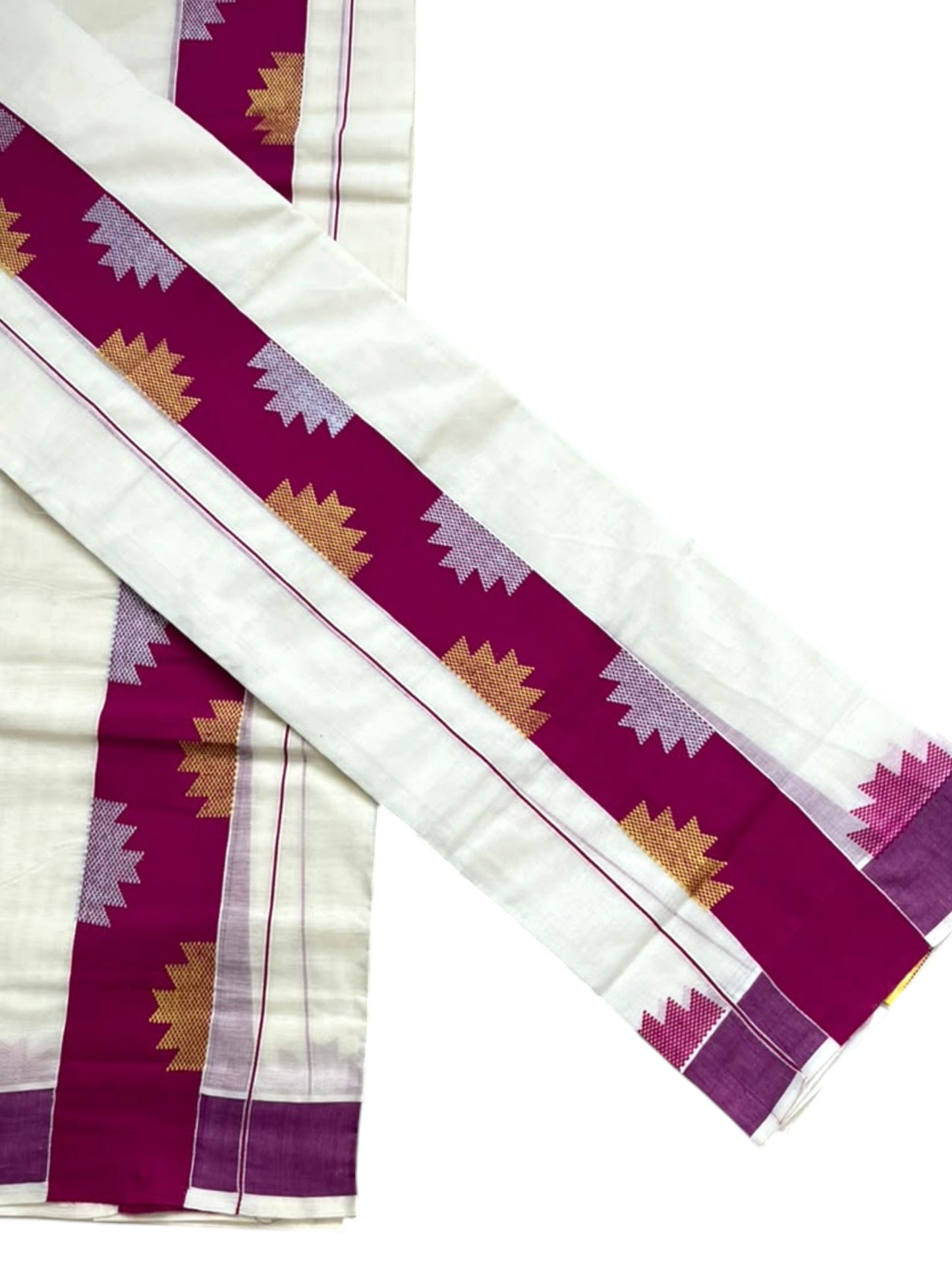 Southloom Pure Cotton Single Set Mundu (Mundum Neriyathum) Temple Design & Magenta Border
