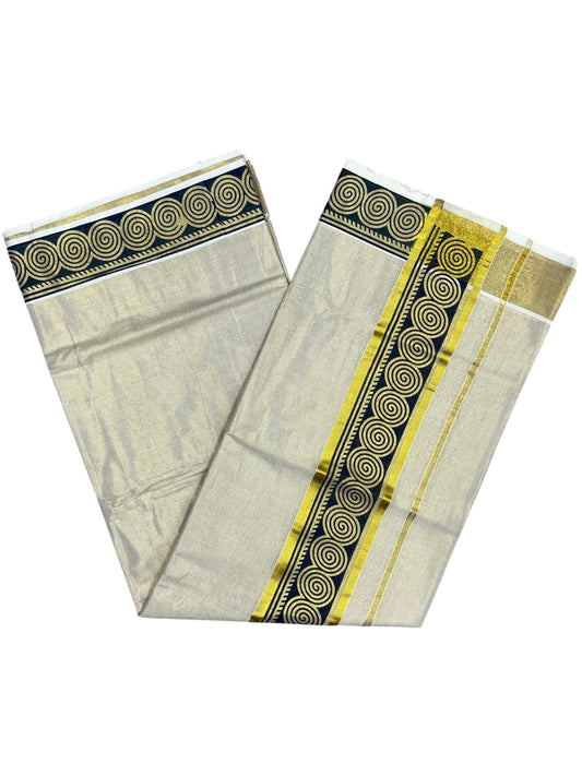 Southloom Kerala Tissue Kasavu Plain Saree Blue Hand Printed SL350