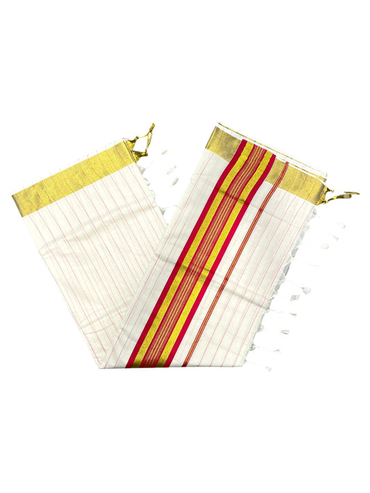 Southloom Kerala Cotton Kasavu Saree with Gold And Pink Lines on Body SL331
