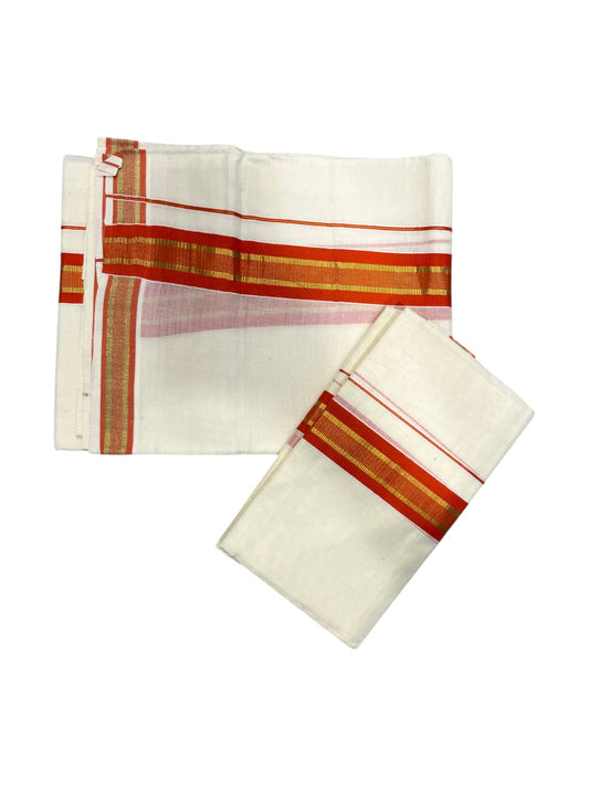 Southloom Kerala Cotton Set Mundu (Mundum Neriyathum) with Kasavu and Orange Border