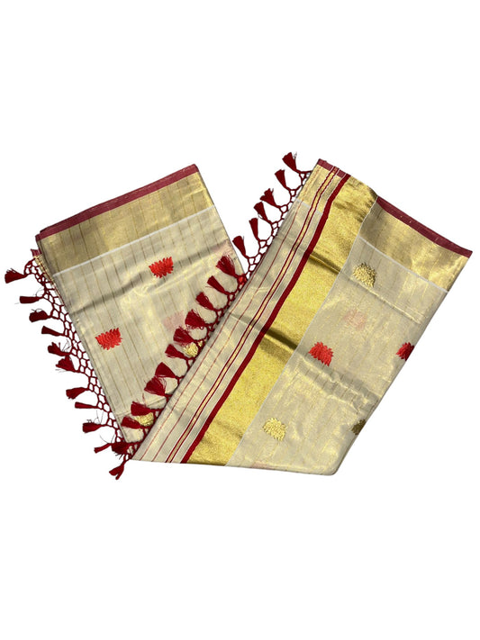 Southloom Kerala Tissue Kasavu Line Saree with Red Lotus Embroidery Works