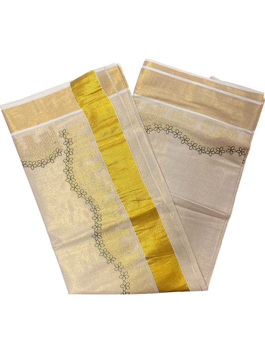 Southloom Kerala Tissue Kasavu Plain Saree with Dark Green Floral Embroidery Works