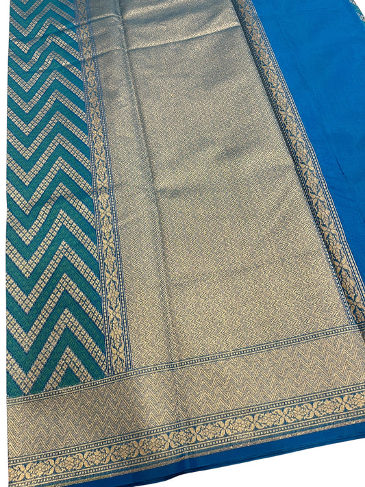 Southloom Cotton Banarasi Silk Saree with Woven Work on Body and Borders (Blue)