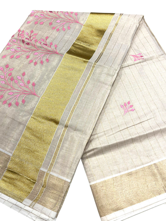 Southloom Tissue Kerala Kasavu Saree with Floral Embroidery Design