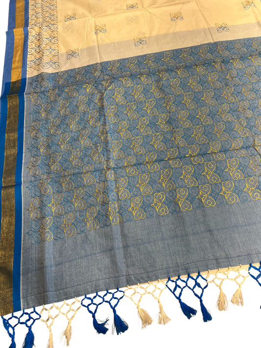 Southloom Kerala Cotton Saree with Blue and Golden Embroidery Works