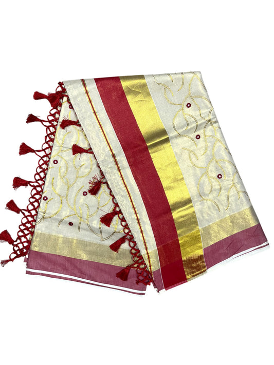 Kerala Tissue Kasavu Stripes Saree with Gold and Red Floral Embroidery Design on Body