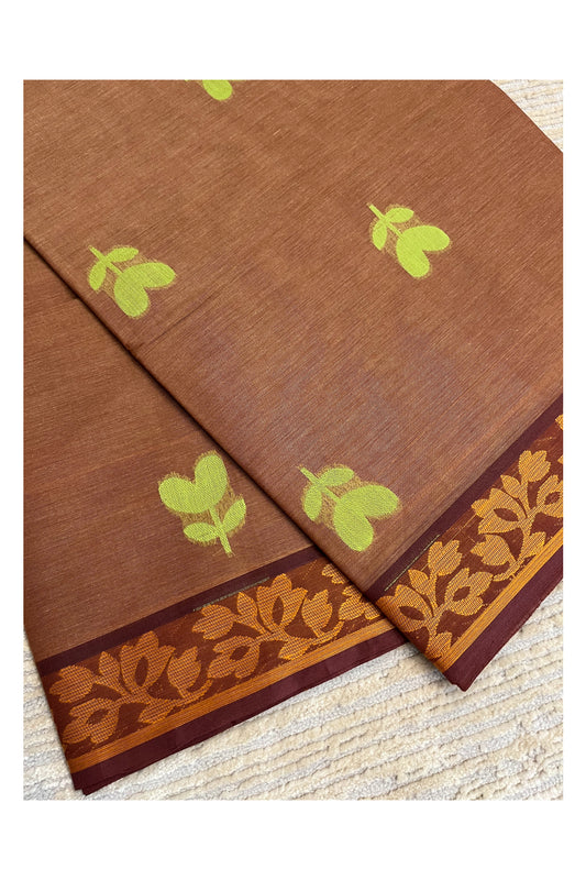 Southloom Kerala Cotton Saree with Floral Woven Works Across Body in Brown