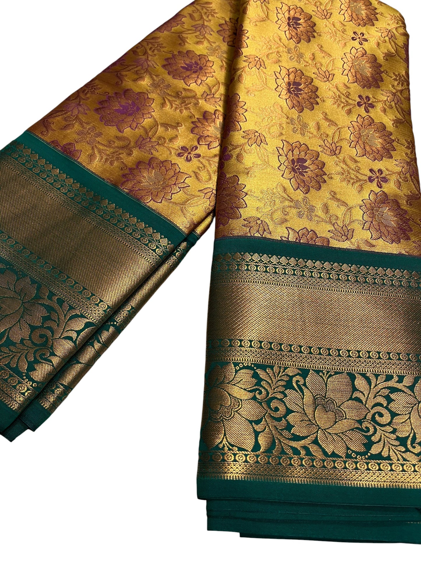 Southloom Banarasi Semi Silk Saree with Floral Zari Work Across Body (Yellow & Green)