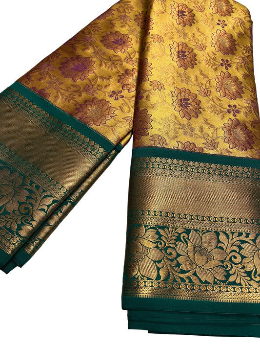 Southloom Banarasi Semi Silk Saree with Floral Zari Work Across Body (Yellow & Green)