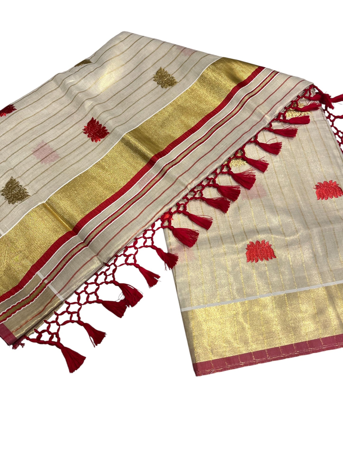 Southloom Kerala Tissue Kasavu Line Saree with Red Lotus Embroidery Works