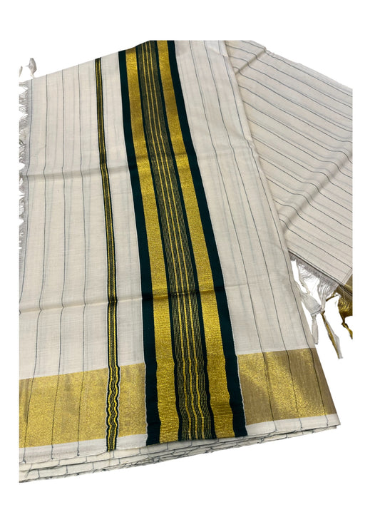 Southloom Kerala Cotton Kasavu Saree with Gold And Green Lines on Body