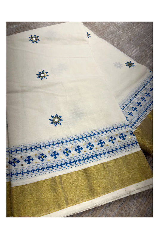 Southloom Blue Block Print Kasavu Saree with Sequins Work on Prints