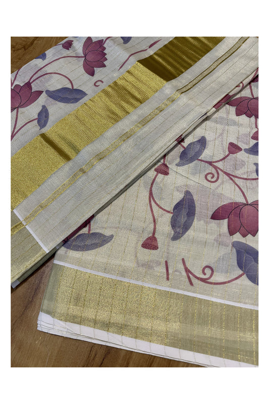 Kerala Tissue Kasavu Lines Saree with Purple Floral Kalamkari Design