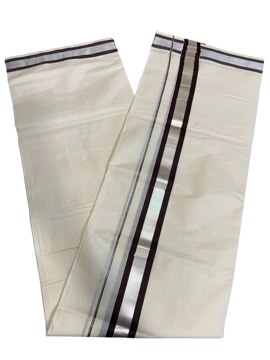 Southloom Kerala Pure Cotton Double Mundu with Silver Lines & Brown Border (South Indian Dhoti)