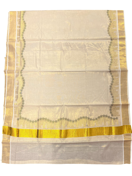 Southloom Kerala Tissue Kasavu Plain Saree with Green Floral Embroidery Works