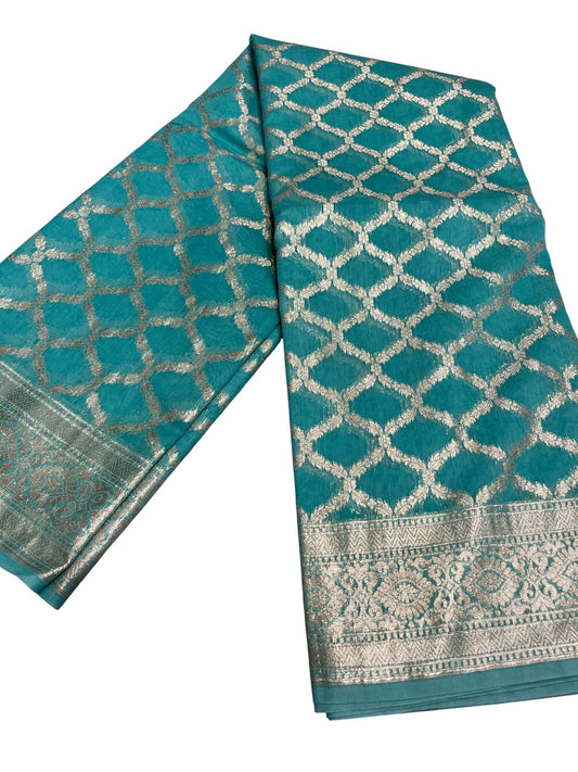 Southloom Cotton Banarasi Silk Saree with Woven Work on Body and Borders (Turquoise)