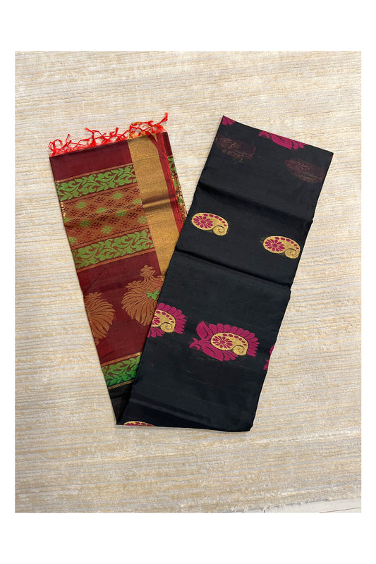 Southloom Pure Handloom Cotton Silk Saree With Handwoven Work Across Body and Blouse in Black And Maroon