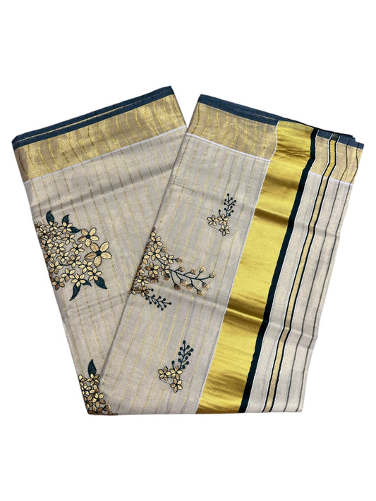 Southloom Kerala Tissue Kasavu Lines Saree with Kanikonna Floral Embroidery Designs on Body