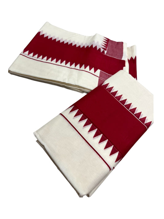 Kerala Pure Cotton Set Mundu Single (Mundum Neriyathum) with Maroon Temple Border 2.80 Mtrs