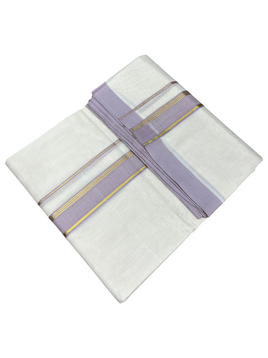 Southloom Pure Cotton Mundu with Gold Lines and Lavander Border (South Indian Kerala Dhoti)