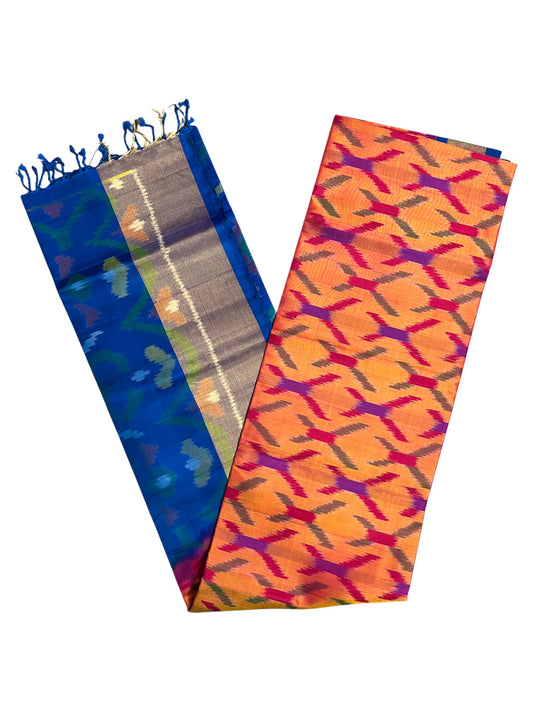 Southloom Pure Handloom Bridal Kanchipuram Silk Saree with Pochampally Work (Orange & Blue)