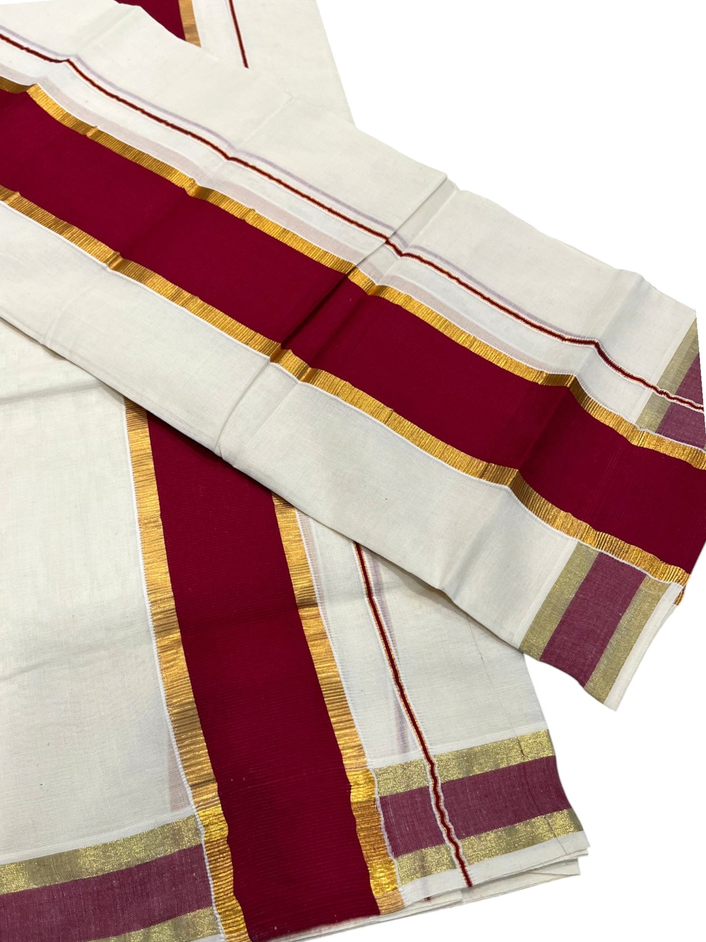 Kerala Cotton Kasavu Single Set Mundu (Mundum Neriyathum) with Maroon Kasavu Border