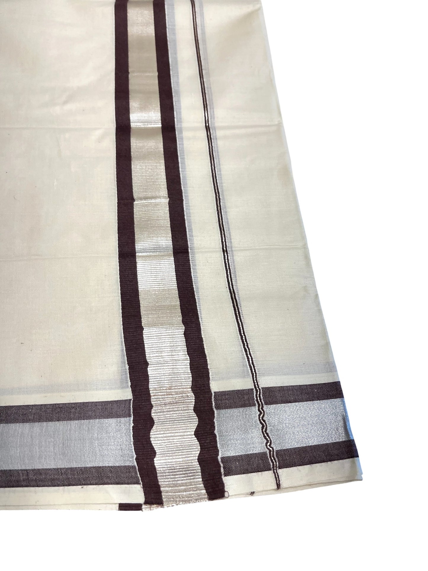 Southloom Kerala Pure Cotton Double Mundu with Silver Lines & Brown Border (South Indian Dhoti)