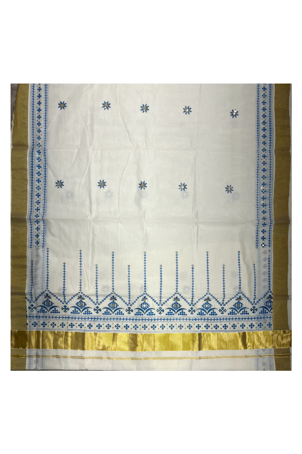 Southloom Blue Block Print Kasavu Saree with Sequins Work on Prints