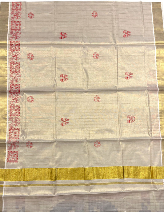 Southloom Tissue Kerala Kasavu Saree with Embroidery Design
