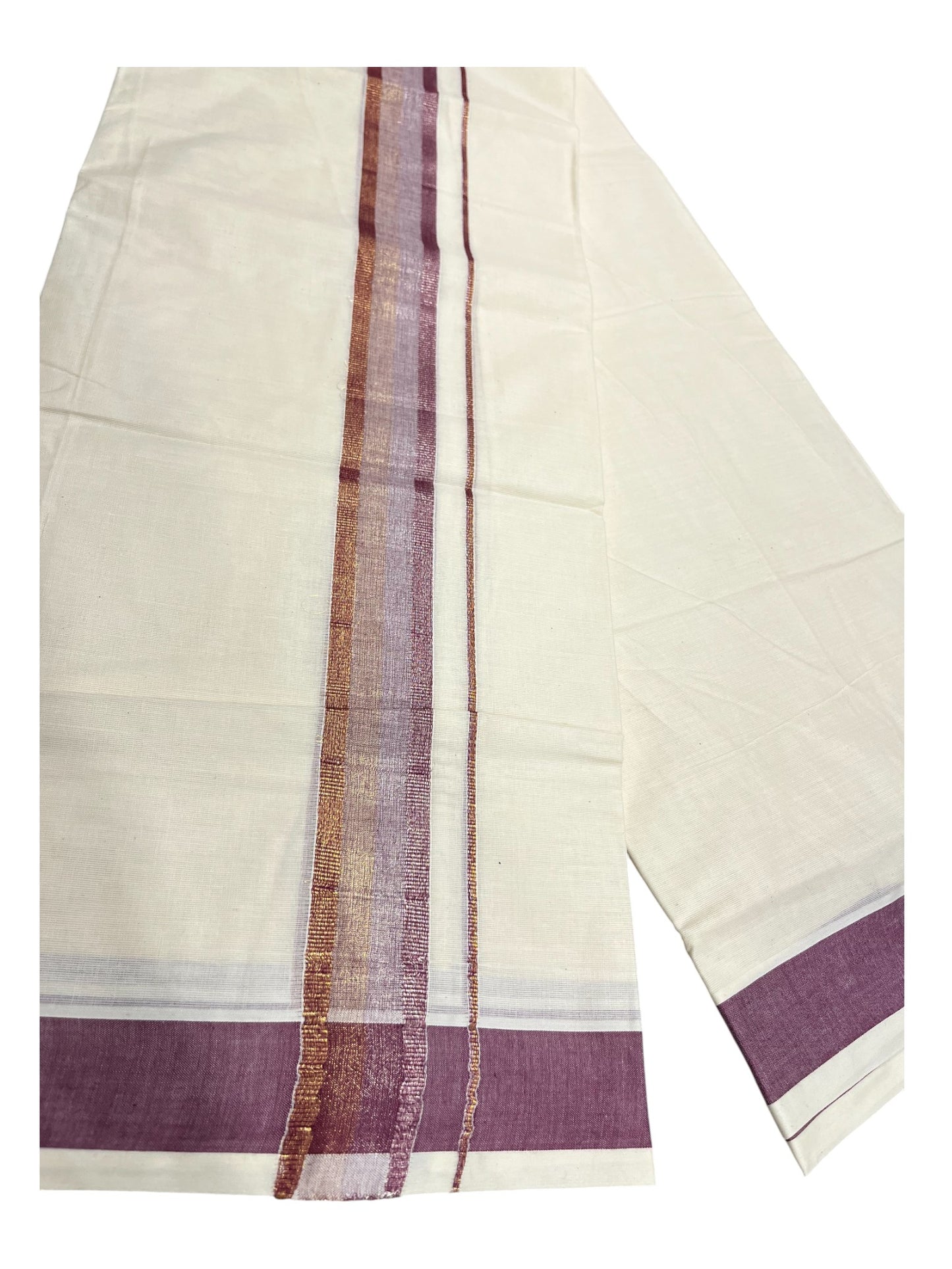 Southloom Kerala Pure Cotton Double Mundu with Purple Border (South Indian Dhoti)