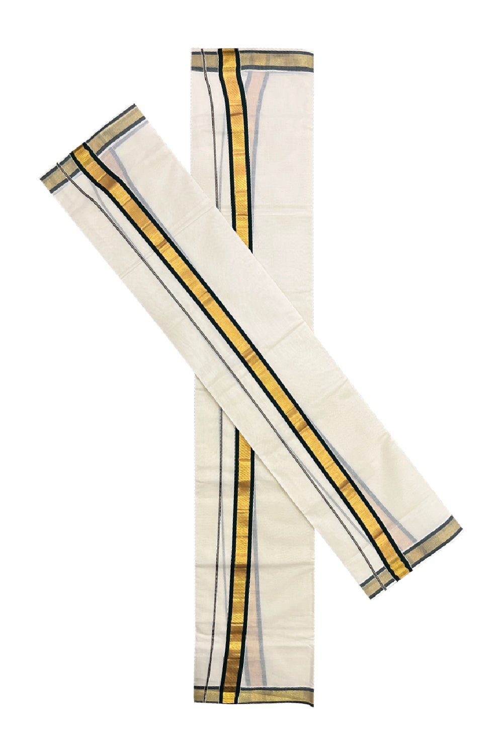 Kerala Cotton Mundum Neriyathum Single (Set Mundu) with Dark Green and Kasavu Border 2.80 Mtrs
