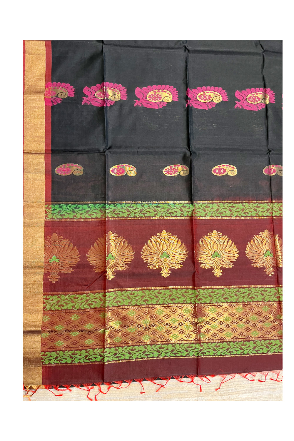 Southloom Pure Handloom Cotton Silk Saree With Handwoven Work Across Body and Blouse in Black And Maroon