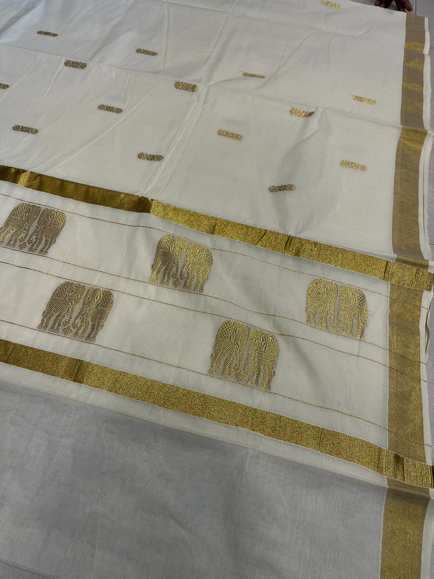 Southloom Pure Cotton Kerala Kasavu Saree with Elephant Woven Work